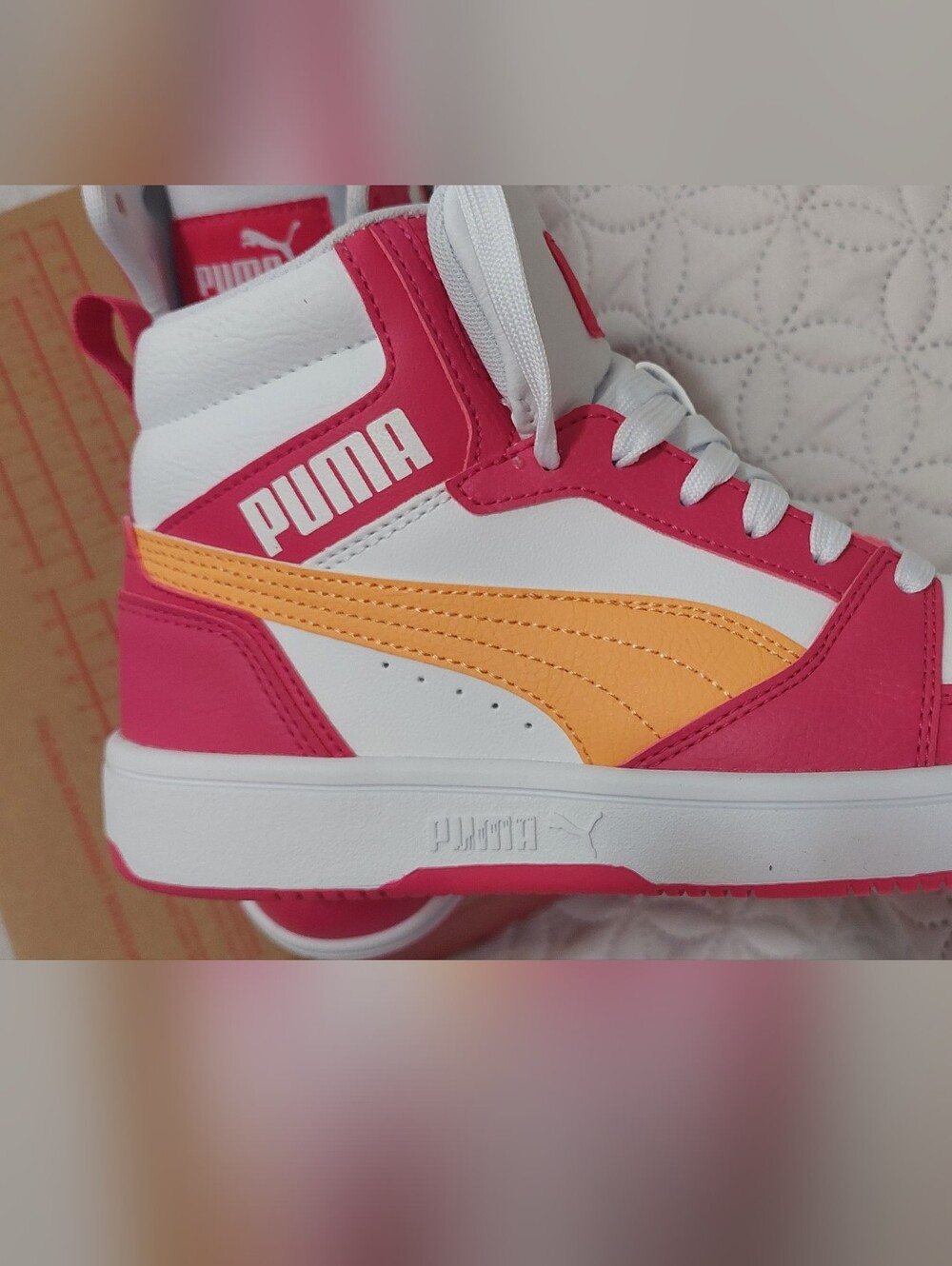 Puma Low-Top Sneakers in White and Pink with Yellow Accent - Picture 3 of 9